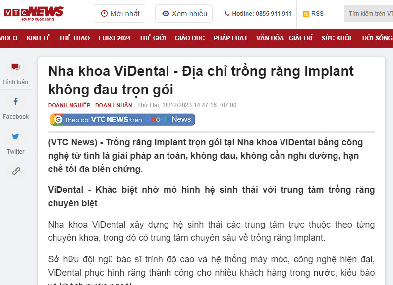 Trồng răng implant tại ViDental được báo điện tử VTC đánh giá cao